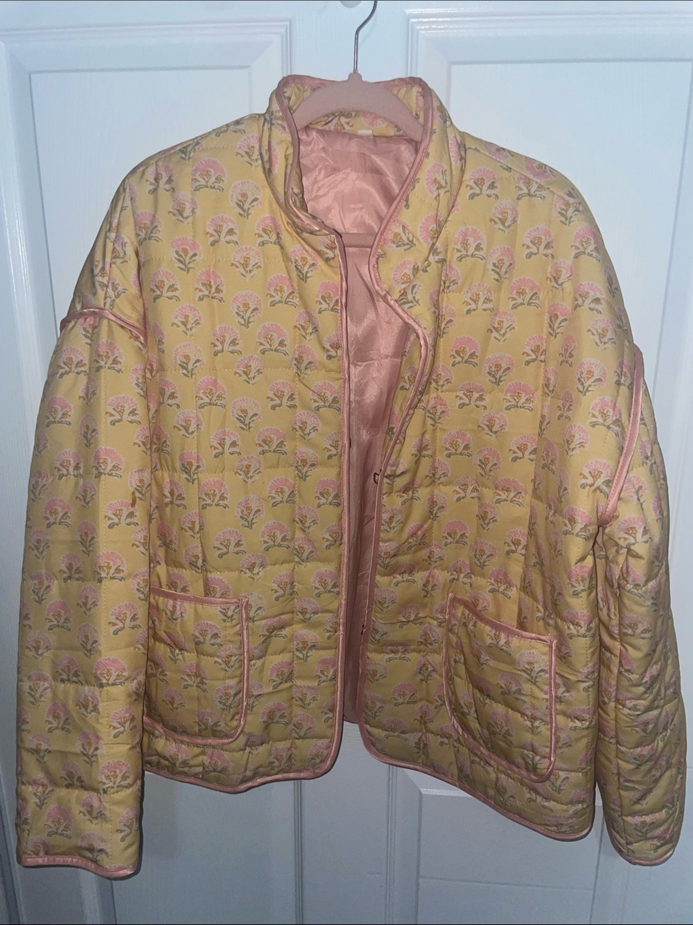 Yellow Floral Quilted Puffer Jacket with Pink Trim